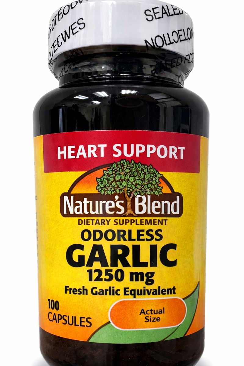 Nature’s Blend Odorless Garlic 1250 mg Fresh Garlic Equivalent – Heart Support – 100 Capsules