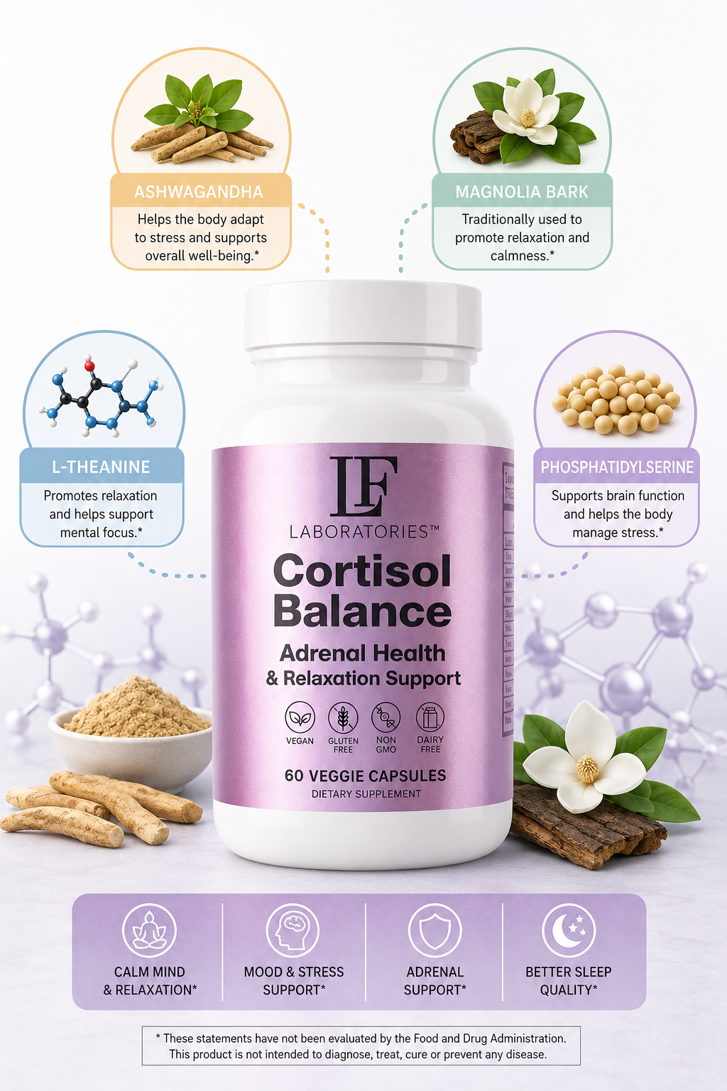 Cortisol Balance – Adrenal Support & Stress Relaxation Supplement – Vegan, Gluten Free, Non-GMO, Dairy Free – 60 Veggie Capsules